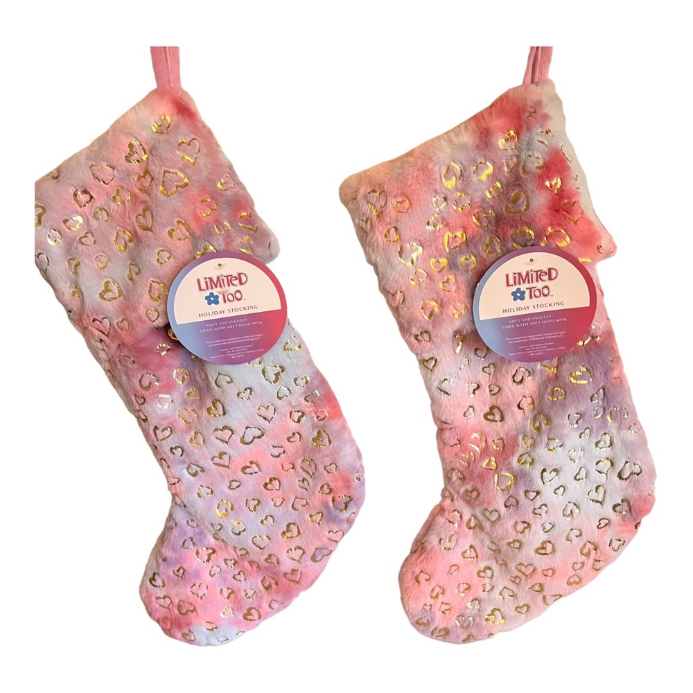 Limited Too Pink Faux Fur Girl’s Christmas Stockings with Hearts